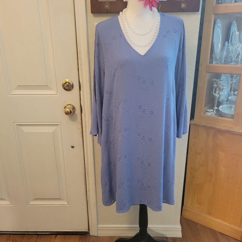 Light Blue Eyelet V-Neck Dress